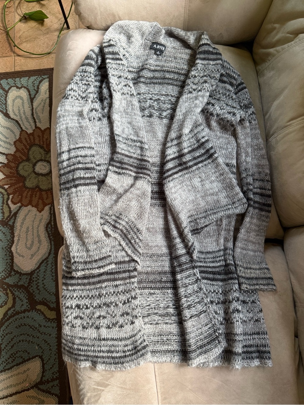 A. Byer Gray and Charcoal Striped Open-Front Knit Cardigan